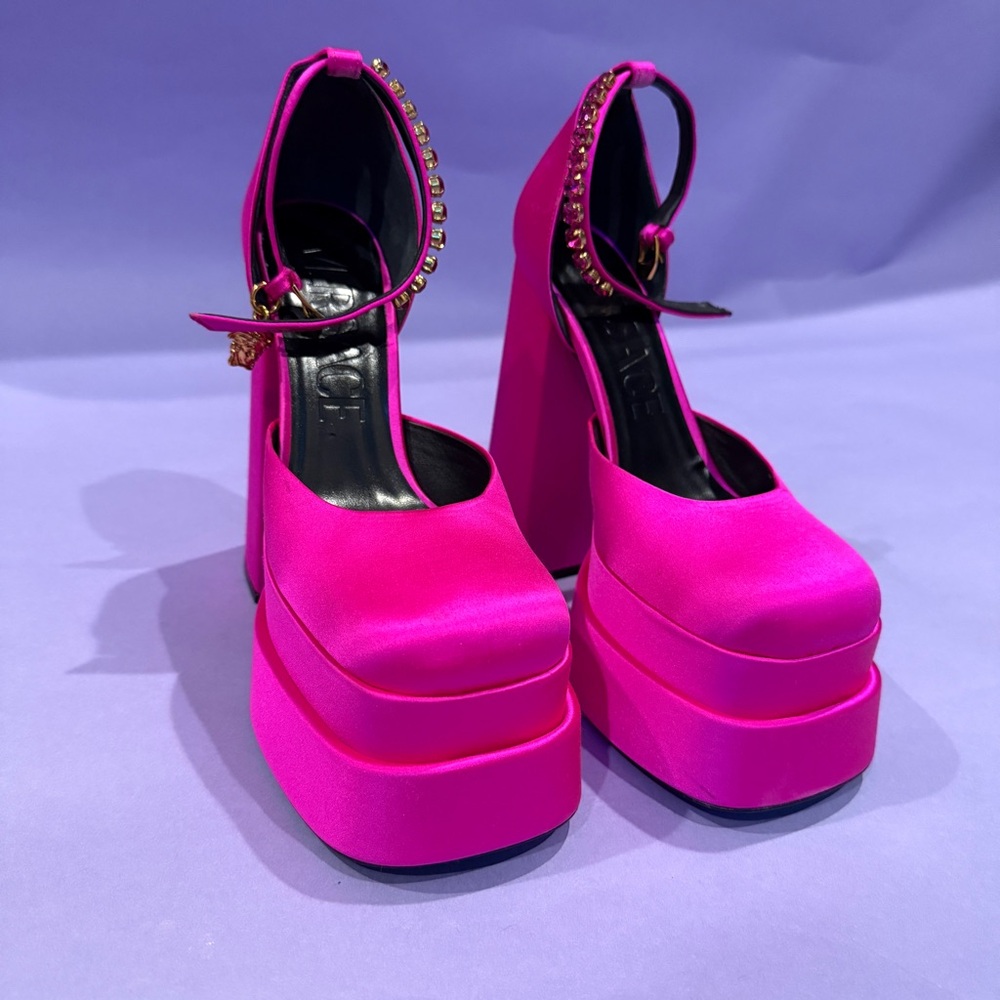 Versace Medusa Aevitas chunky platform sandal pumps in hot pink